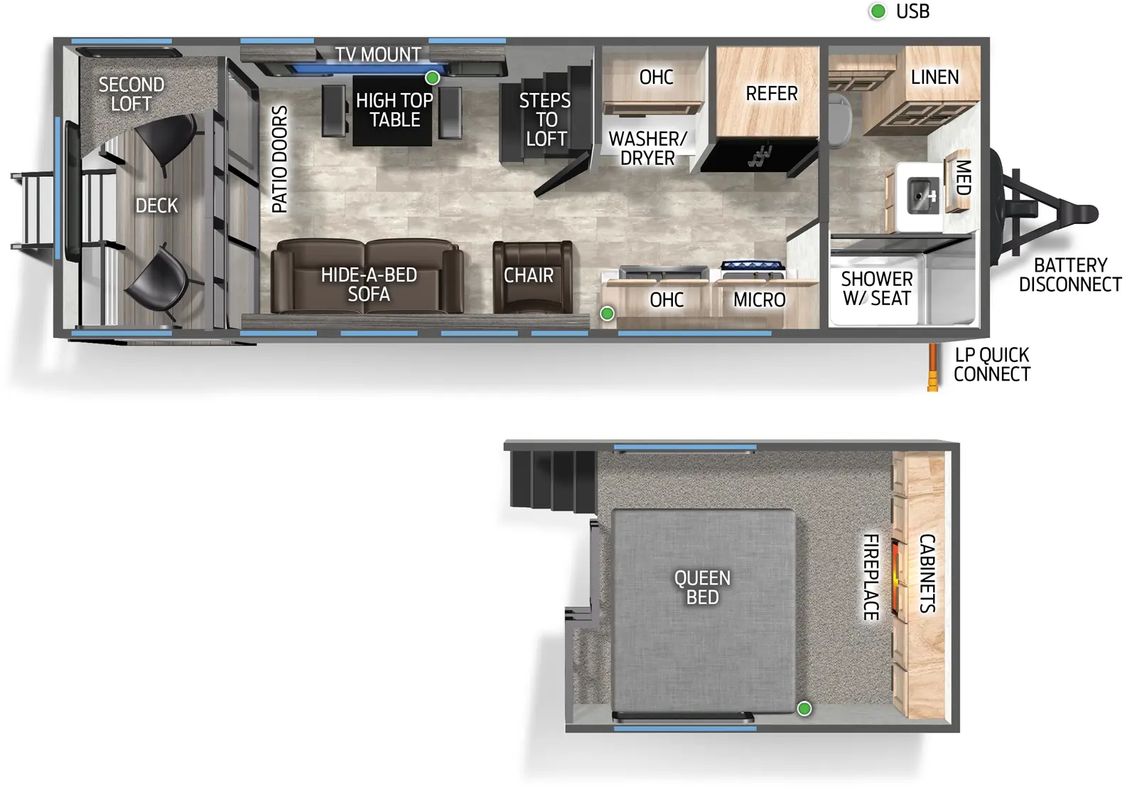 The Cherokee Black Label 16MLBL floorplan has one entry and zero slide outs. Exterior features include: fiberglass exterior. Interiors features include: loft and front bedroom.